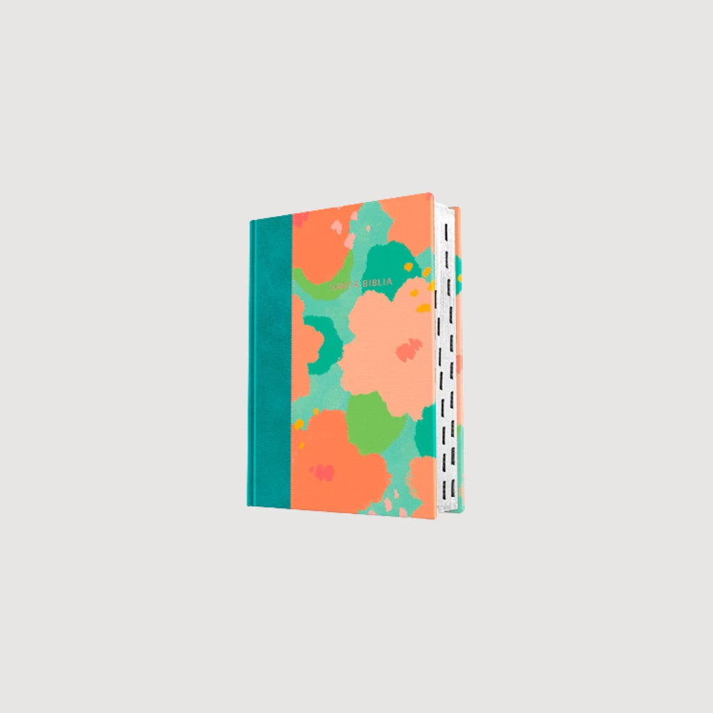 Biblia letra grande con referencia floral simil piel con índice